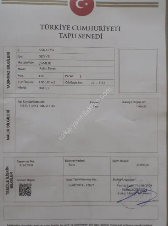 GEYVE ÇAMLIK KÖYÜNDE TAM YATIRIMLIK YOLA CEPHE 1056 m² FIRSAT HOBİ BAHÇESİ